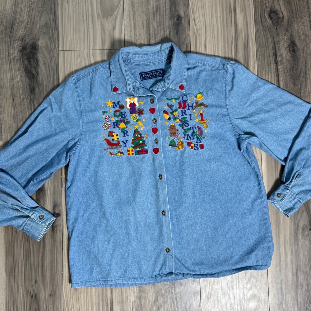 Karen Scott Womens Medium Denim Merry Christmas Embroidered Button Down Shirt